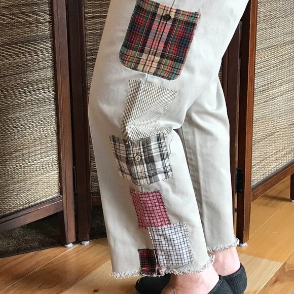 Upcycled Cropped Boho Patchwork Khaki Pants, Travel Leisure Women's Size 10 - Picture 6 of 14